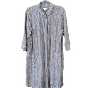 J Jill Love‎ Linen Striped Shirt Dress Duster Lagonlook Gray White Petite L